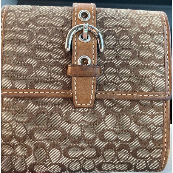 VTG Y2K Coach Tan Brown C Leather BiFold Wallet Silver Buckle Coin White Stitch - Picture 1 of 13